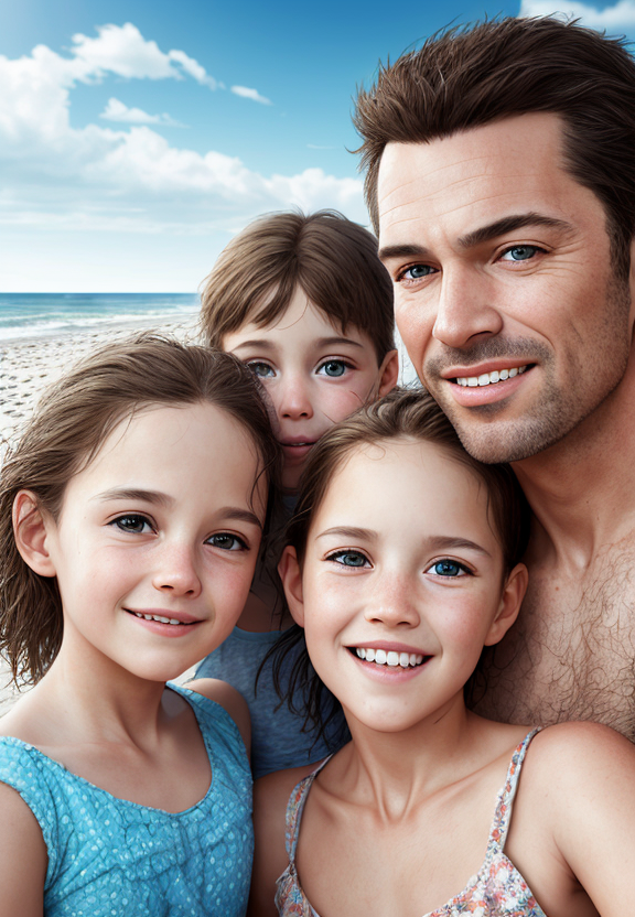 portrait of a happy family at the beach, photo, realistic, smooth face, perfect eyes, wide angle, sharp focus, 8 k high de...